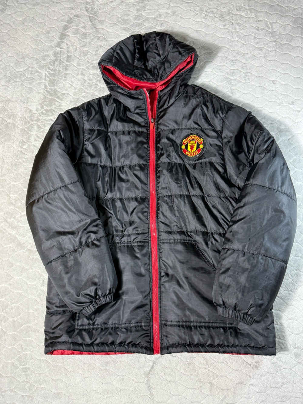 Manchester United Hooded Puffer Jacket Men’s XL Black Red Full Zip Soccer